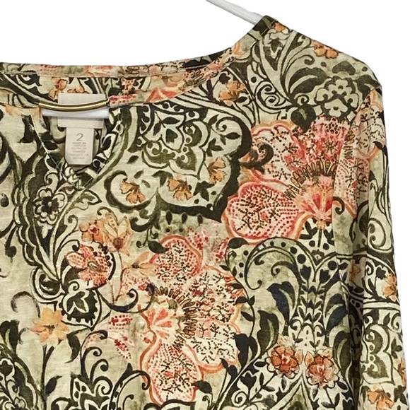 Chico’s Size 2 Regular Size 12 Long Sleeve Rayon Green/Orange Cream Top - Picture 3 of 11